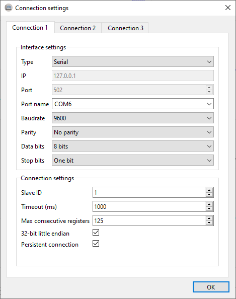 ModbusScope connection settings